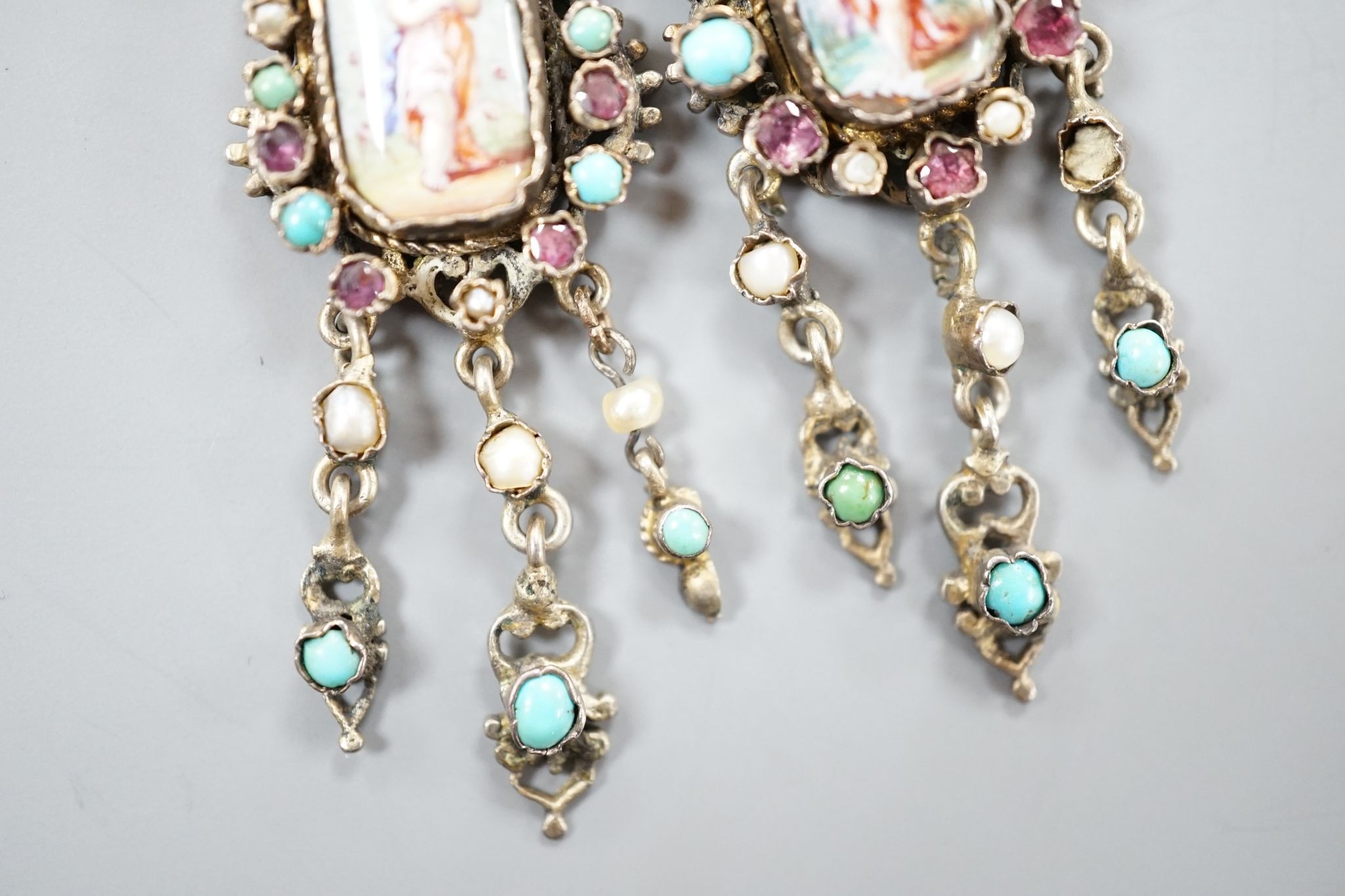 A pair of 19ct century Austro-Hungarian? gilt white metal, enamel and semi=precious gem set drop earrings, 7cm.